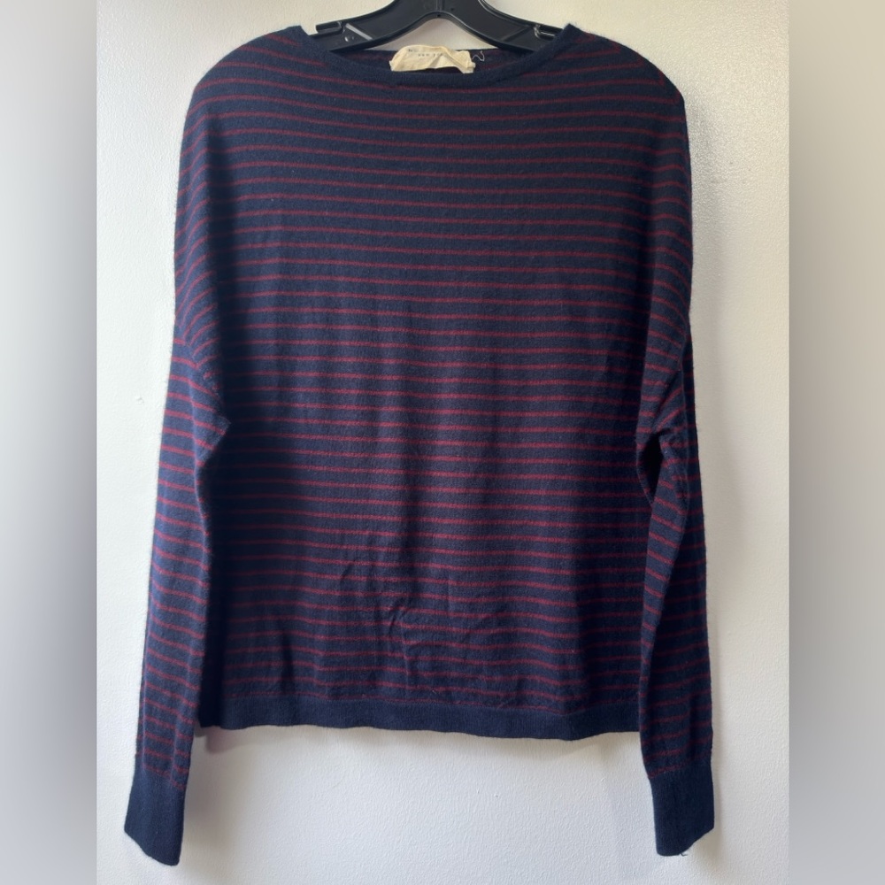 Demylee New York Elegant Navy and Red Striped Crewneck Sweater